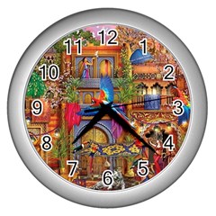 Arabian Street Art Colorful Peacock Tiger Man Parrot Horse Dancer Fantasy Wall Clock (silver) by Cemarart