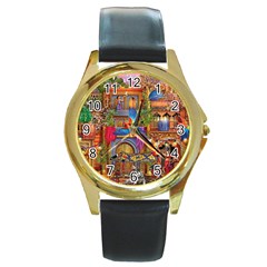 Arabian Street Art Colorful Peacock Tiger Man Parrot Horse Dancer Fantasy Round Gold Metal Watch by Cemarart