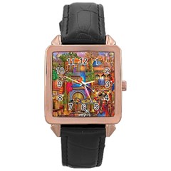 Arabian Street Art Colorful Peacock Tiger Man Parrot Horse Dancer Fantasy Rose Gold Leather Watch  by Cemarart