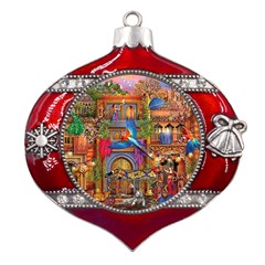 Arabian Street Art Colorful Peacock Tiger Man Parrot Horse Dancer Fantasy Metal Snowflake And Bell Red Ornament by Cemarart