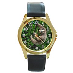 Sloth In Jungle Art Animal Fantasy Round Gold Metal Watch by Cemarart