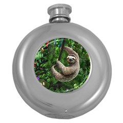 Sloth In Jungle Art Animal Fantasy Round Hip Flask (5 Oz) by Cemarart