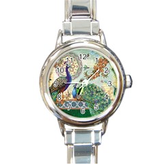 Royal Peacock Feather Art Fantasy Round Italian Charm Watch by Cemarart