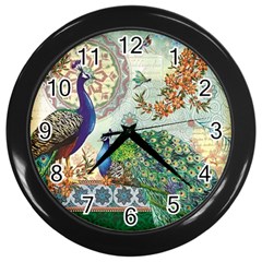 Royal Peacock Feather Art Fantasy Wall Clock (black) by Cemarart