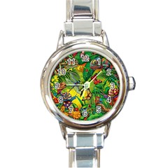 The Chameleon Colorful Mushroom Jungle Flower Insect Summer Dragonfly Round Italian Charm Watch by Cemarart