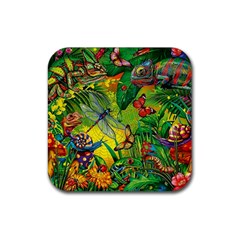 The Chameleon Colorful Mushroom Jungle Flower Insect Summer Dragonfly Rubber Coaster (square) by Cemarart