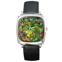 The Chameleon Colorful Mushroom Jungle Flower Insect Summer Dragonfly Square Metal Watch by Cemarart