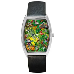 The Chameleon Colorful Mushroom Jungle Flower Insect Summer Dragonfly Barrel Style Metal Watch by Cemarart