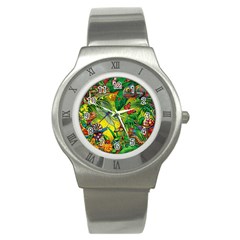 The Chameleon Colorful Mushroom Jungle Flower Insect Summer Dragonfly Stainless Steel Watch by Cemarart