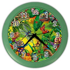 The Chameleon Colorful Mushroom Jungle Flower Insect Summer Dragonfly Color Wall Clock by Cemarart