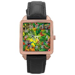 The Chameleon Colorful Mushroom Jungle Flower Insect Summer Dragonfly Rose Gold Leather Watch  by Cemarart