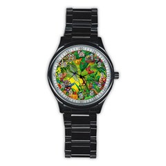 The Chameleon Colorful Mushroom Jungle Flower Insect Summer Dragonfly Stainless Steel Round Watch by Cemarart