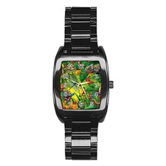 The Chameleon Colorful Mushroom Jungle Flower Insect Summer Dragonfly Stainless Steel Barrel Watch by Cemarart