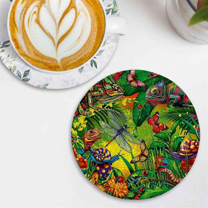 The Chameleon Colorful Mushroom Jungle Flower Insect Summer Dragonfly UV Print Round Tile Coaster