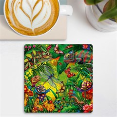 The Chameleon Colorful Mushroom Jungle Flower Insect Summer Dragonfly Uv Print Square Tile Coaster  by Cemarart