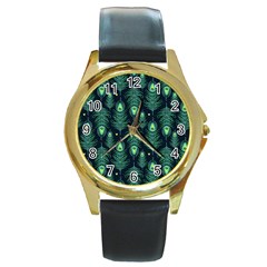 Peacock Pattern Round Gold Metal Watch