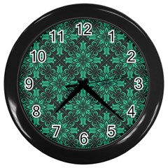 Green Damask Pattern Vintage Floral Pattern, Green Vintage Wall Clock (black) by nateshop