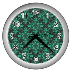 Green Damask Pattern Vintage Floral Pattern, Green Vintage Wall Clock (silver) by nateshop