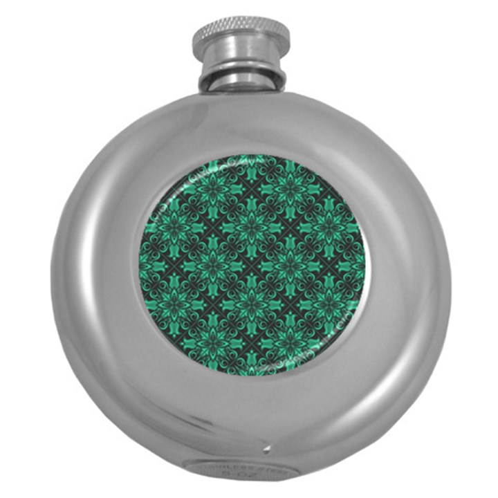 Green Damask Pattern Vintage Floral Pattern, Green Vintage Round Hip Flask (5 oz)