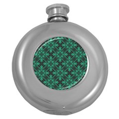 Green Damask Pattern Vintage Floral Pattern, Green Vintage Round Hip Flask (5 Oz) by nateshop