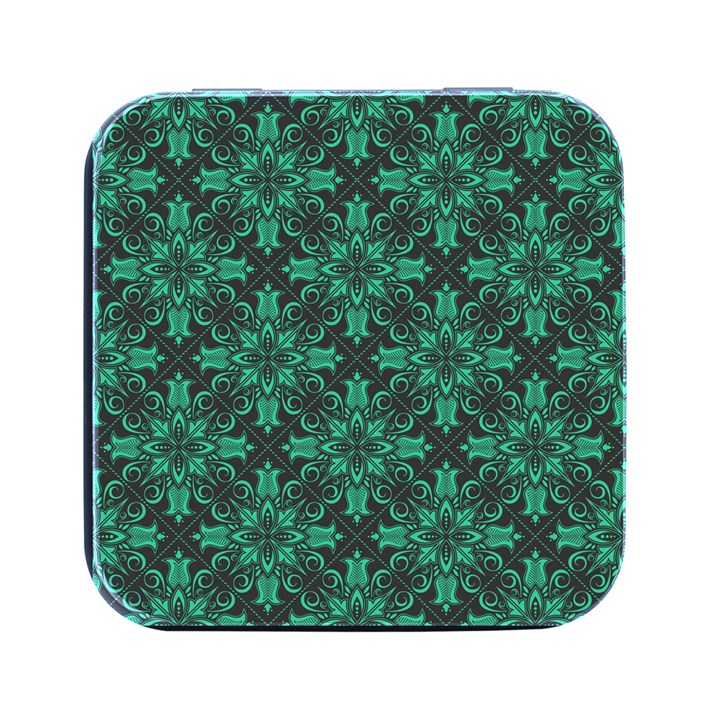 Green Damask Pattern Vintage Floral Pattern, Green Vintage Square Metal Box (Black)