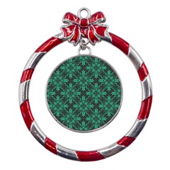 Green Damask Pattern Vintage Floral Pattern, Green Vintage Metal Red Ribbon Round Ornament