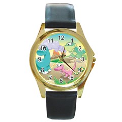 Kids Mural Cartoon Dinosaur Round Gold Metal Watch by nateshop