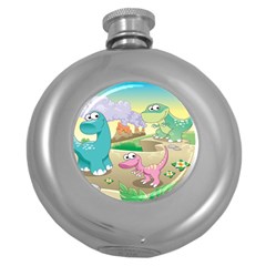 Kids Mural Cartoon Dinosaur Round Hip Flask (5 Oz)