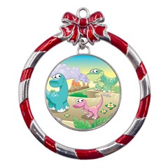 Kids Mural Cartoon Dinosaur Metal Red Ribbon Round Ornament