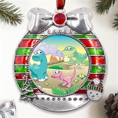 Kids Mural Cartoon Dinosaur Metal X mas Ribbon With Red Crystal Round Ornament by nateshop