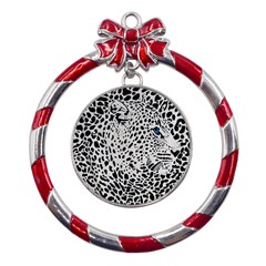 Leopard In Art, Animal, Graphic, Illusion Metal Red Ribbon Round Ornament