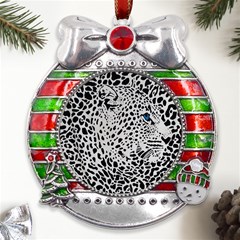 Leopard In Art, Animal, Graphic, Illusion Metal X mas Ribbon With Red Crystal Round Ornament by nateshop