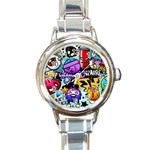 Cartoon Graffiti, Art, Black, Colorful Round Italian Charm Watch Front