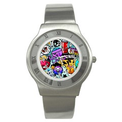 Cartoon Graffiti, Art, Black, Colorful Stainless Steel Watch by nateshop