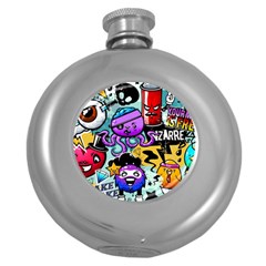 Cartoon Graffiti, Art, Black, Colorful Round Hip Flask (5 Oz) by nateshop