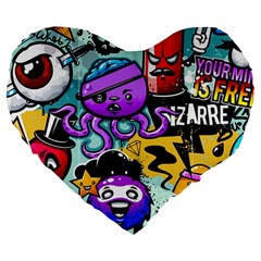 Cartoon Graffiti, Art, Black, Colorful Large 19  Premium Heart Shape Cushions by nateshop