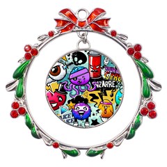 Cartoon Graffiti, Art, Black, Colorful Metal X mas Wreath Ribbon Ornament by nateshop