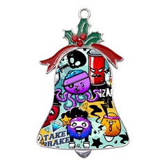 Cartoon Graffiti, Art, Black, Colorful Metal Holly Leaf Bell Ornament by nateshop