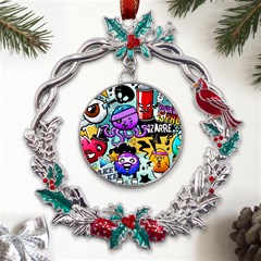 Cartoon Graffiti, Art, Black, Colorful Metal X mas Wreath Holly Leaf Ornament by nateshop