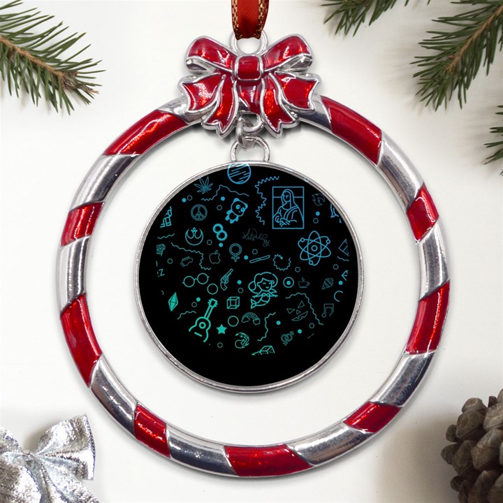 Cartoon, Halloween, Black, Dark Metal Red Ribbon Round Ornament