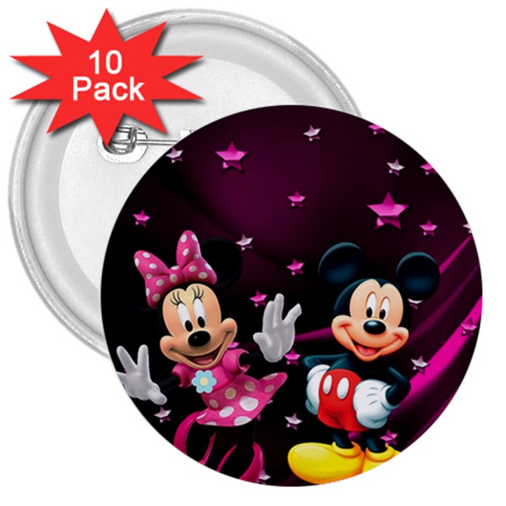 Cartoons, Disney, Mickey Mouse, Minnie 3  Buttons (10 pack) 