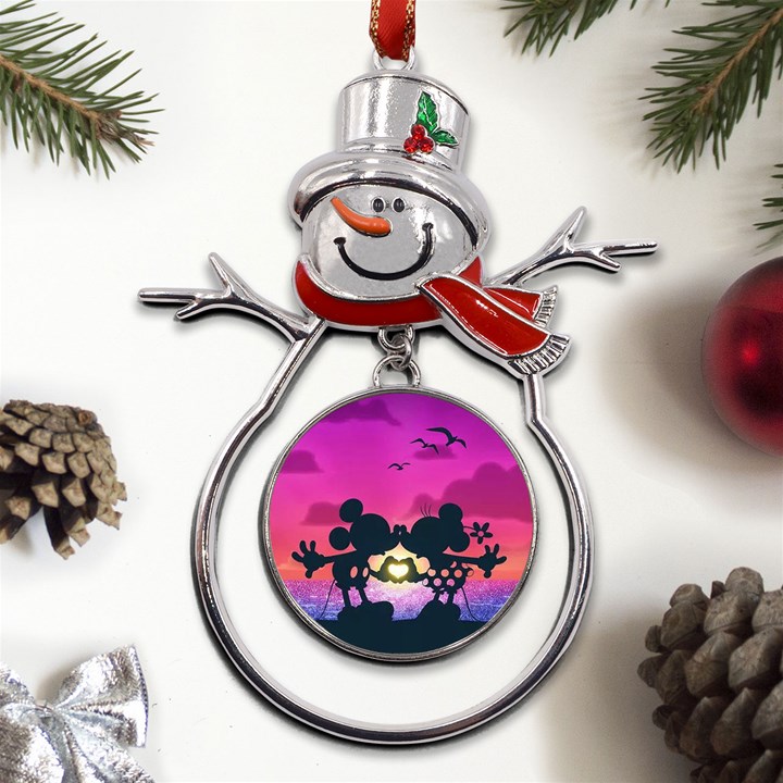 Mickey And Minnie, Mouse, Disney, Cartoon, Love Metal Snowman Ornament