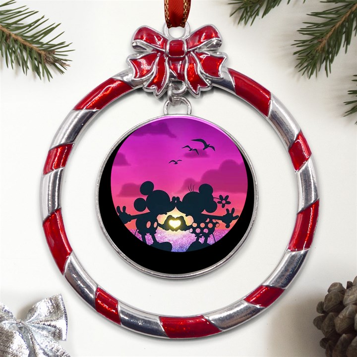 Mickey And Minnie, Mouse, Disney, Cartoon, Love Metal Red Ribbon Round Ornament