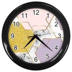 Geometric , Geometric, Gold, Marble, Pattern, Pink, Purple, Wall Clock (black) by nateshop