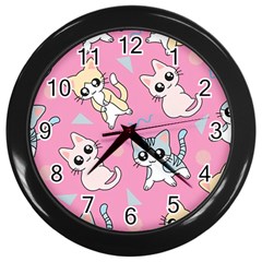 Cute Animal Little Cat Seamless Pattern Wall Clock (black) by Cemarart