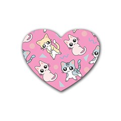 Cute Animal Little Cat Seamless Pattern Rubber Heart Coaster (4 Pack) by Cemarart