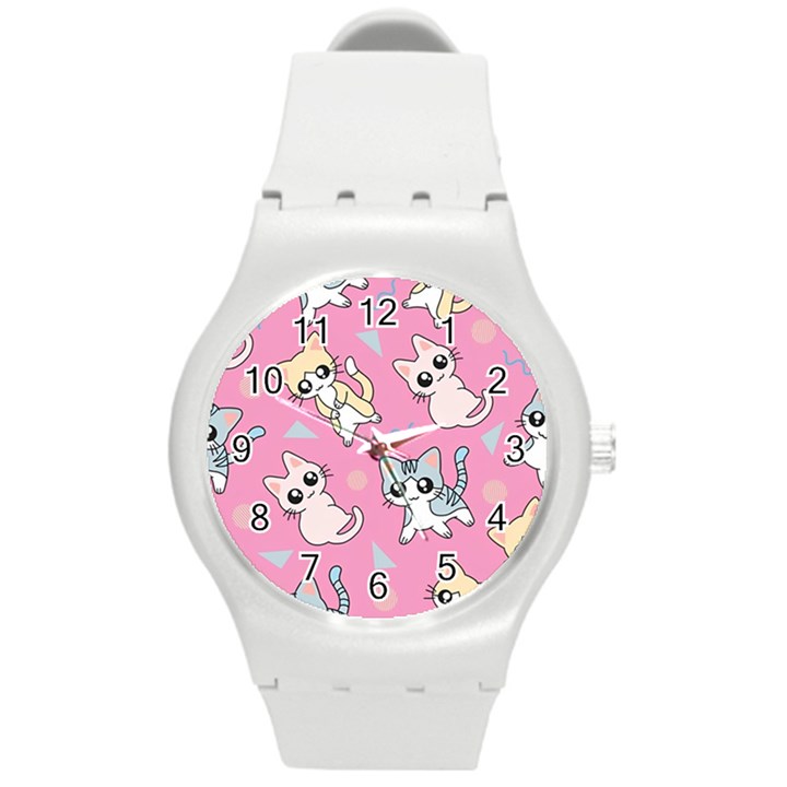 Cute Animal Little Cat Seamless Pattern Round Plastic Sport Watch (M)