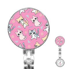 Cute Animal Little Cat Seamless Pattern Stainless Steel Nurses Watch by Cemarart