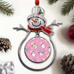 Cute Animal Little Cat Seamless Pattern Metal Snowman Ornament by Cemarart