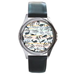 Seamless Vector Pattern With Little Cute Fish Cartoon Round Metal Watch by Cemarart